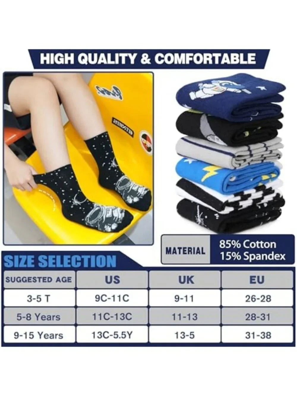 6 Pairs Kids Fun Cotton Crew Socks - Cartoon Space Trucks & Stars Novelty Design